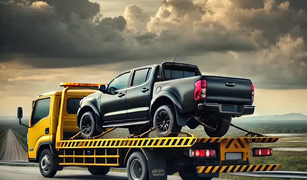 DALL·E 2024-09-28 15.02.03 - A black pickup truck being transported by a yellow single-floor tow truck along an empty road with a cloudy sky above. The yellow tow truck is carryin